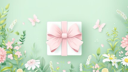 spring gift box with white flowers and green ribbon, mothers day card, valentines day, promotions, and seasonal discount, flat illustration.