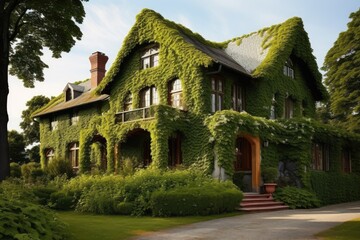 Fototapeta na wymiar A picturesque, large house completely engulfed in a vibrant tapestry of plants and vines, An idyllic country house with vine-covered walls, AI Generated
