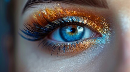 Woman eye make up with blue eyes and blue orange makeup - obrazy, fototapety, plakaty