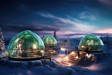 A collection of domes resting on a snowy landscape, An igloo village under the Northern Lights, AI Generated