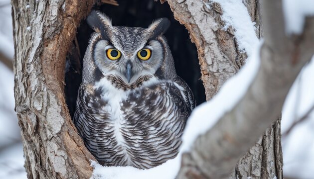 Northern hawk owl peers from tree hollow vigilant and majestic in its natural habitat, baby animals picture
