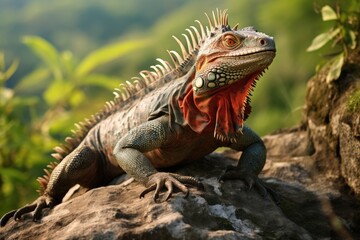 Fototapeta premium A large lizard calmly rests on top of a sturdy rock, exhibiting its imposing presence in the wild, An iguana basking in the sun on a rocky terrain, AI Generated