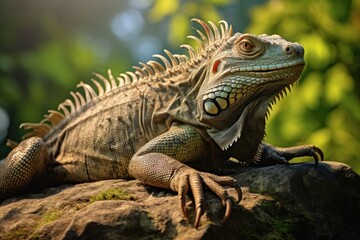 A sizable reptile relaxes atop a sturdy stone in its natural surroundings, An iguana basking in the sun on a rocky terrain, AI Generated