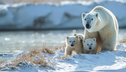Polar bear and cubs playfully explore snowy surroundings by the lake, baby animals image