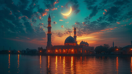 A visually stunning image of a crescent moon shining brightly over a mosque's dome, symbolizing the beginning of the lunar month of Ramadan and heralding a period of reflection, pr - obrazy, fototapety, plakaty