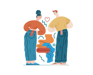 Valentine: Perfect Fit - modern flat vector concept illustration of a couple trying on jeans in a fitting room. Metaphor for finding the right match in love as in life
