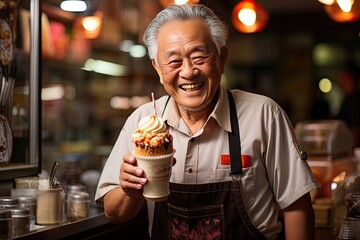 Elderly revives youth in the childhood ice cream shop., generative IA