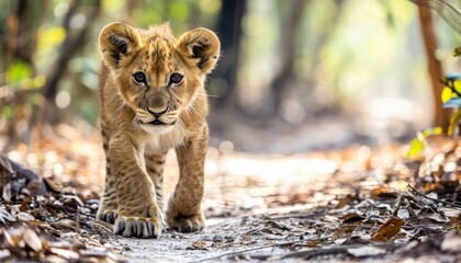 Cute baby lion confidently strolls through the lush forest, baby animals picture - obrazy, fototapety, plakaty