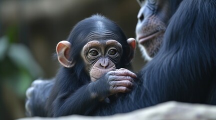 Cute chimpanzee baby playing with its mother in a jungle, baby animals picture