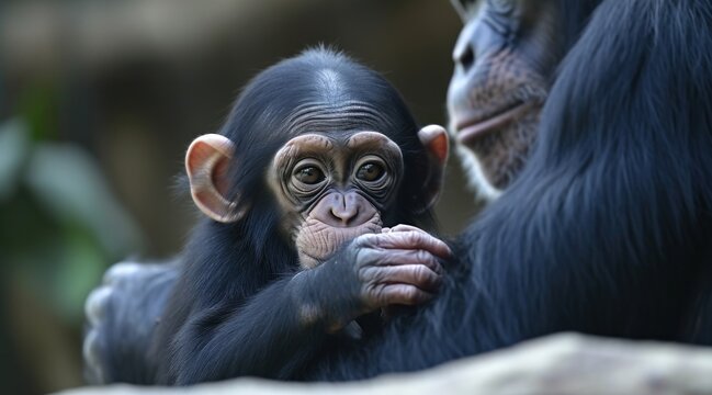 Cute chimpanzee baby playing with its mother in a jungle, baby animals picture