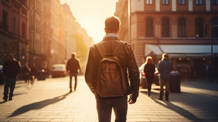 Man with Backpack Facing the Sunrise in the City - obrazy, fototapety, plakaty