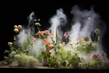 A potted plant emits a captivating plume of smoke, creating an enigmatic and entrancing ambiance, An interpretation of plants communicating through scent signals, AI Generated - obrazy, fototapety, plakaty