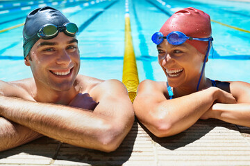 Swimming pool, portrait and happy friends relax after sports exercise, workout routine or training in water. Wet swimmer, joke and funny partner laughing after race, teamwork or challenge performance