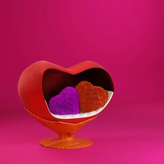 Lovely furniture in a shape of heart, the cozy sofa with two fluffy heart pillows on pink background, Saint Valentine day, greating card with red, purple hearts, romantic place, realistic 3d rendering
