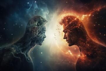 A captivating image where a man and a woman meet face to face amidst the vastness of outer space,...