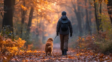 Human walking with a dog in a forest, Dog walking  - obrazy, fototapety, plakaty