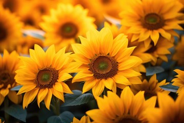 Fototapeta premium A vibrant field filled with a large group of yellow sunflowers, An intimate close up view of a vibrant sunflower field, AI Generated