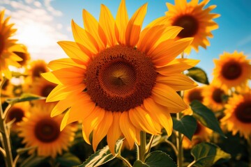 Obraz premium A breathtaking field of golden sunflowers stands tall and proud against a vivid blue sky, An intimate close up view of a vibrant sunflower field, AI Generated