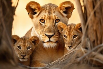 Obraz premium A mesmerizing image of two majestic lions relaxing together, basking in the warmth of the sunbeam in the breathtaking savanna landscape, An intimate portrait of a lioness and her cubs, AI Generated