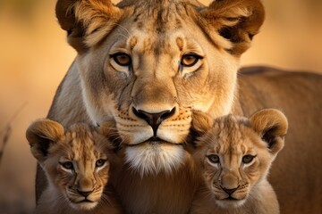 Fototapeta premium A majestic lion and two adorable cubs standing side by side in their natural habitat, An intimate portrait of a lioness and her cubs, AI Generated