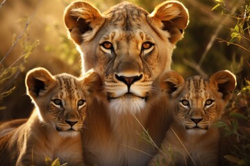 A powerful group of majestic lions standing side by side, displaying their unity in the vast African savanna, An intimate portrait of a lioness and her cubs, AI Generated