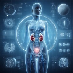 Naklejka premium 3D modeling female Kidney and Stylized depiction of female reproductive system, Human kidney anatomy.