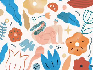 Valentine: Embraced in Harmony - modern flat vector concept illustration of a naked couple intertwined in a serene, floral environment. Metaphor of unity, affection, love, connection, growth