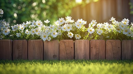 Revitalize your space with fresh spring grass against a rustic wood fence. A harmonious blend of nature and texture, perfect for conveying the essence of outdoor renewal and tranquility. - obrazy, fototapety, plakaty