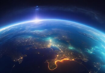 Panoramic view on planet Earth globe from space. Glowing city lights, light clouds. Generative AI
