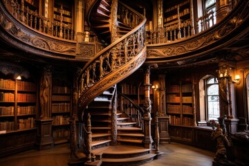 A stunning spiral staircase surrounded by bookshelves in a well-stocked library, An old library with wooden bookshelves and a spiral staircase, AI Generated