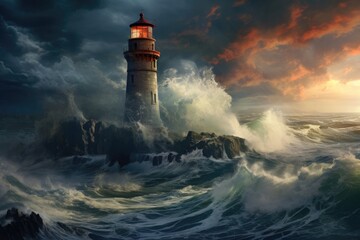 A powerful painting capturing the resilience of a lighthouse amidst raging waves in a stormy sea, An old lighthouse overlooking a stormy sea, AI Generated - obrazy, fototapety, plakaty