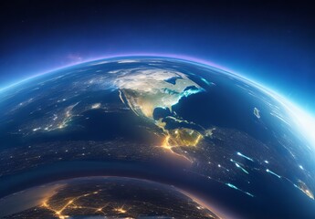 Panoramic view on planet Earth globe from space. Glowing city lights, light clouds. Generative AI
