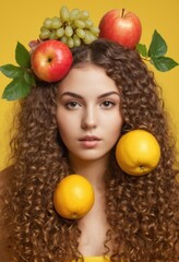 Fototapeta na wymiar the girl with fruit on hair is shown in a composite image,, isolated on green and yellow background 