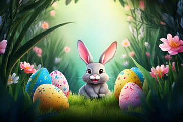 A cheerful Easter bunny hides colorful Easter eggs. 