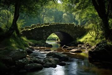 Fototapeta na wymiar A stone bridge gracefully arches over a gentle stream, creating a serene pathway in the midst of a lush forest, An old stone bridge over a quiet stream, AI Generated