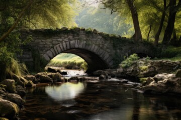 Fototapeta na wymiar A picturesque painting capturing the tranquility of a stone bridge gracefully spanning over a gentle stream, An old stone bridge over a quiet stream, AI Generated