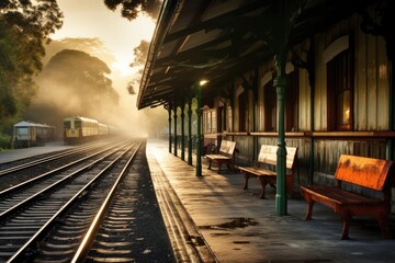 A train station with benches and a train ready to depart on the tracks, An old Victorian-era railway station, AI Generated - obrazy, fototapety, plakaty
