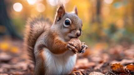 Naklejka na ściany i meble Squirrel eating a walnut in a forest, cute squirrel