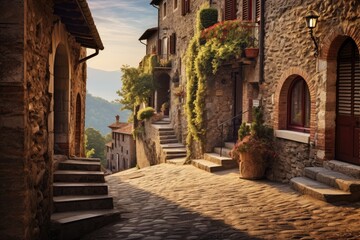 Naklejka premium A picturesque cobblestone street with steps leading up to a beautiful building in a charming city, An old, winding, cobblestone street in a small Italian town, AI Generated