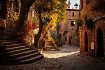 A scenic cobblestone street with steps that ascend to a magnificent tree, An old, winding,...