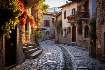 A picturesque scene of a serene small village with a charming cobblestone street, An old, winding, cobblestone street in a small Italian town, AI Generated