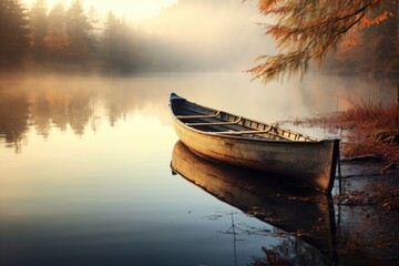 A lone canoe rests on the sandy shore, framed by a serene lake and a tranquil backdrop of nature, An old wooden canoe on the glassy surface of a quiet lake, AI Generated - Powered by Adobe