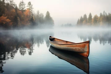 Foto op Canvas A boat peacefully floats on the surface of a beautiful lake, surrounded by a lush forest, An old wooden canoe on the glassy surface of a quiet lake, AI Generated © Iftikhar alam