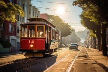 A red trolley car makes its way down a street lined with towering buildings, An old-school cable car climbing up a steep hill in San Francisco, AI Generated