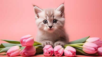 Charming dog with tulip bouquet in teeth on a pink backdrop-perfect for spring celebrations!