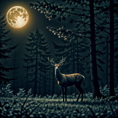 Deer in a dark forest. Deer in the moonlight in a clearing.Generative artificial intelligence.