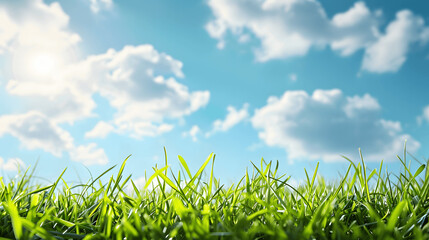 Obraz premium Fresh spring grass and blue sky background