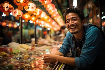 Traveler explores colorful sushi market in Tokyo., generative IA