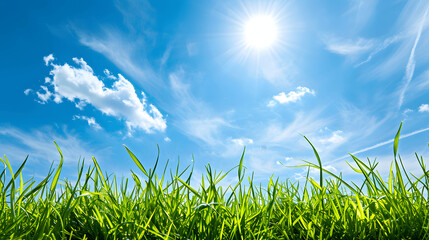 Fototapeta premium Fresh spring grass and blue sky background