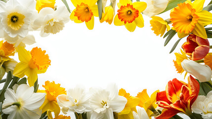 Spring card border with daffodils and tulips, space for text